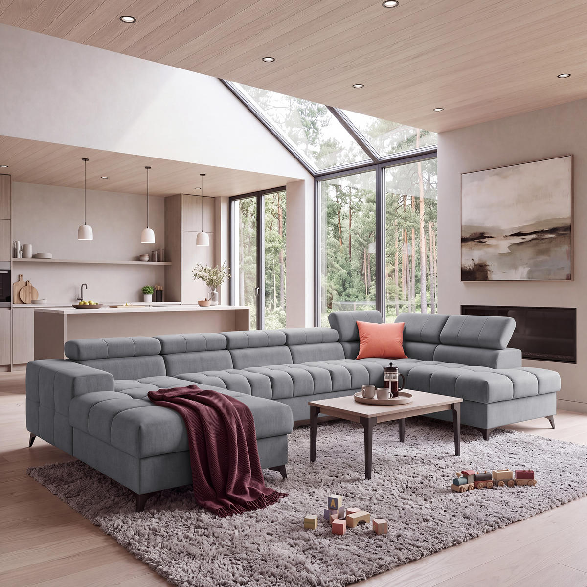 ECKSOFA PUDDING MAXI U Rechts mit Schlaffunktion 125x330 Velours Dunkelgrau - Dunkelgrau/Schwarz, Holz/Textil (421/203cm) - Muffo