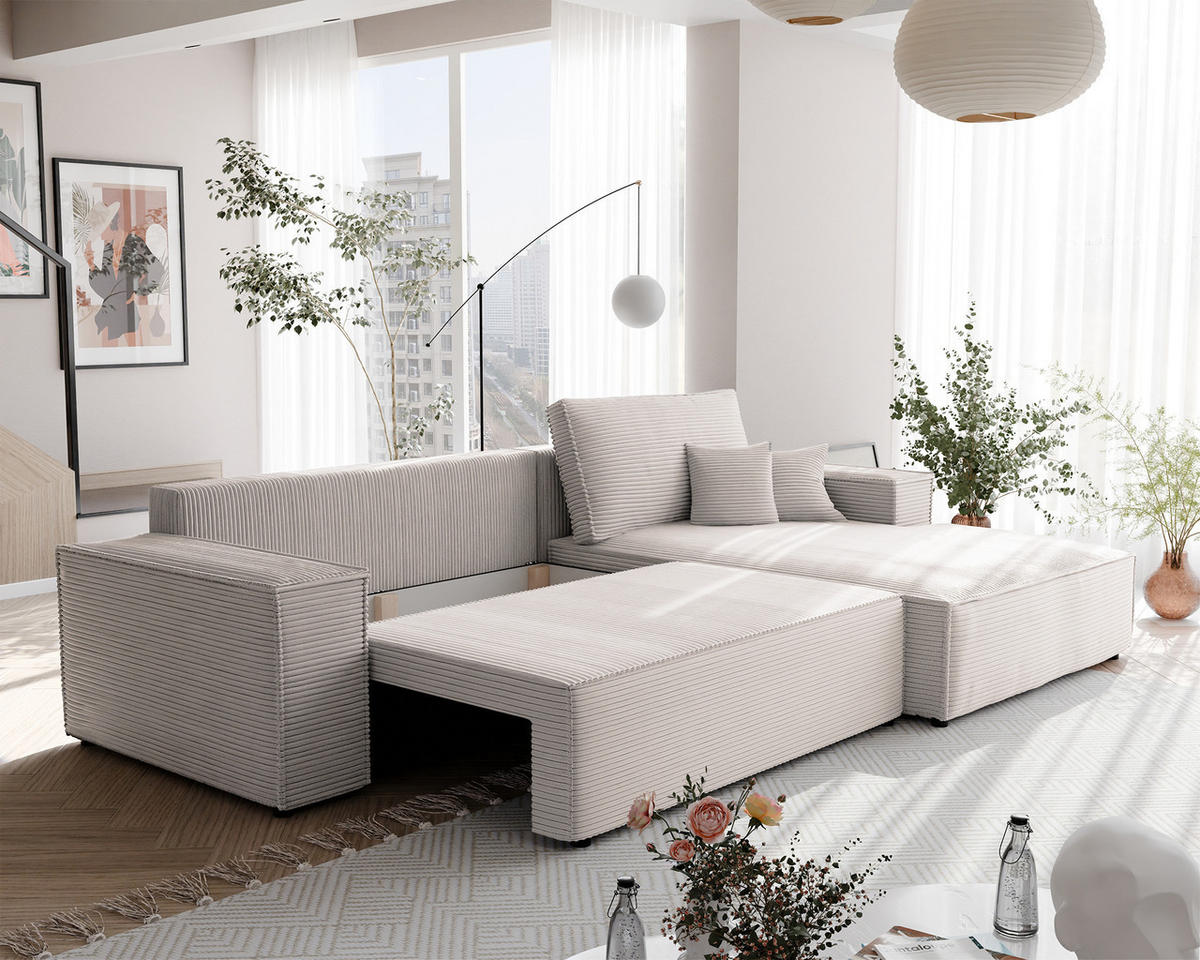 ECKSOFA NOVA mit Schlaffunktion und Bettkasten Creme - Creme, Holzwerkstoff/Kunststoff (250/90cm) - Idohome