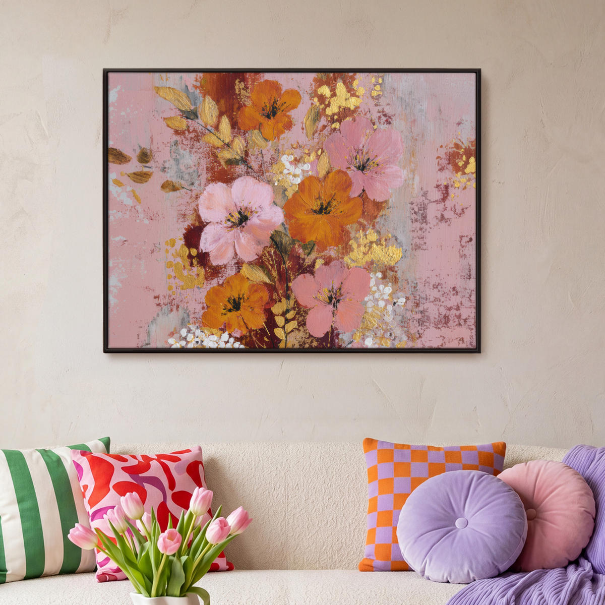 LEINWAND Bilder mit Rahmen - Malerei - Blumen - Rustikal - Rosa - 100x70 - Altrosa, Textil (100/70cm) - MuchoWow