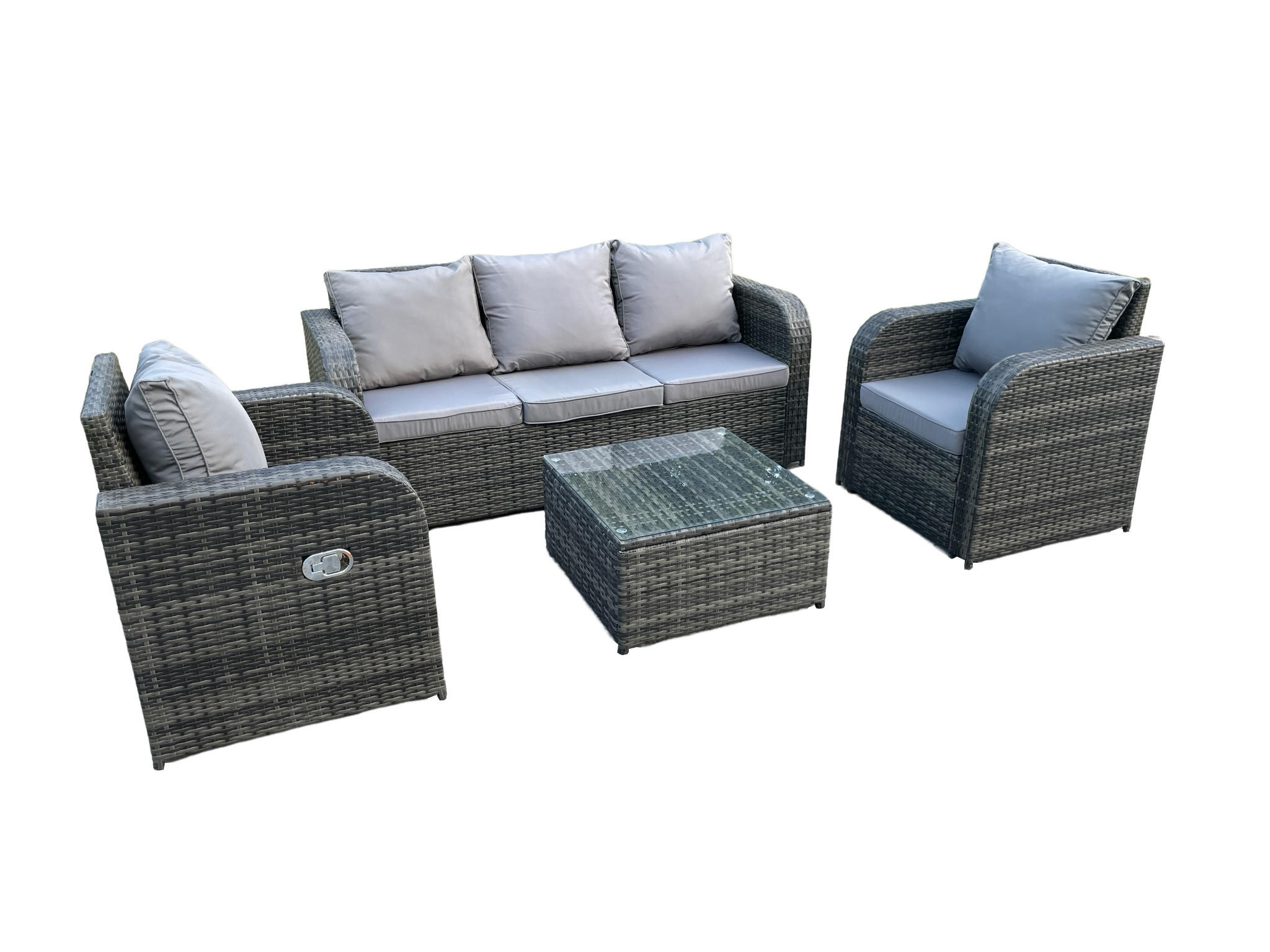 GARTENMÖBEL SET MIT LIEGESTUHL Polyrattan 5-Sitzer - Dunkelgrau/Grau, Glas/Kunststoff - Fimous