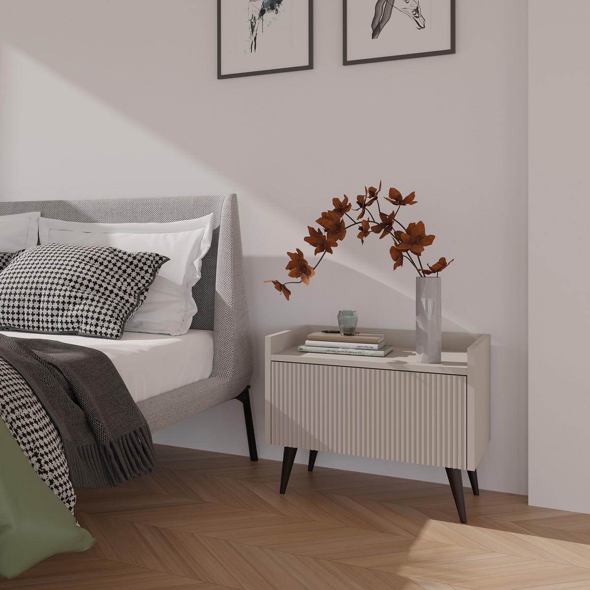 NACHTTISCH Amfali mit 1 Tür, geriffelte Fronten, Push-to-open, Metallbeine, 52 cm, Kaschmir - Kaschmir/Schwarz, Holzwerkstoff/Metall (52/45/41cm) - Beautysofa