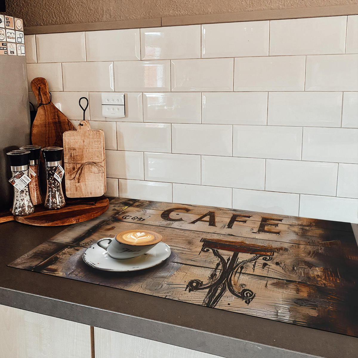 HERDABDECKPLATTE Cafe - Holz - Kaffee - Regale Induktionsmatte 83x51 cm - Schwarz, Kunststoff (83/51.5/0.2cm) - MuchoWow