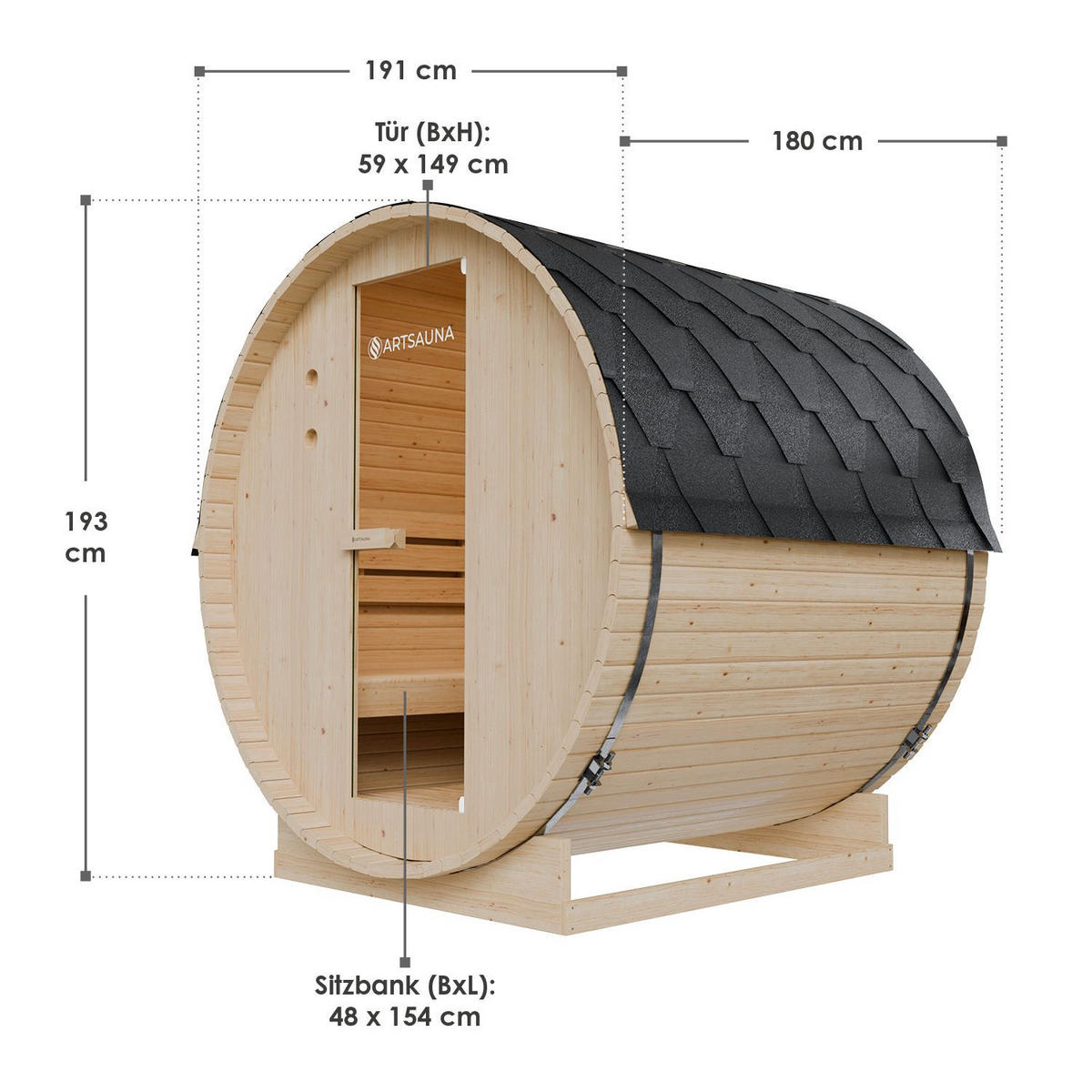 FASSSAUNA Spitzbergen 180 cm mit 6 kW Saunaofen (4 Personen) - Naturfarben, Holz (191/193/180cm) - Artsauna