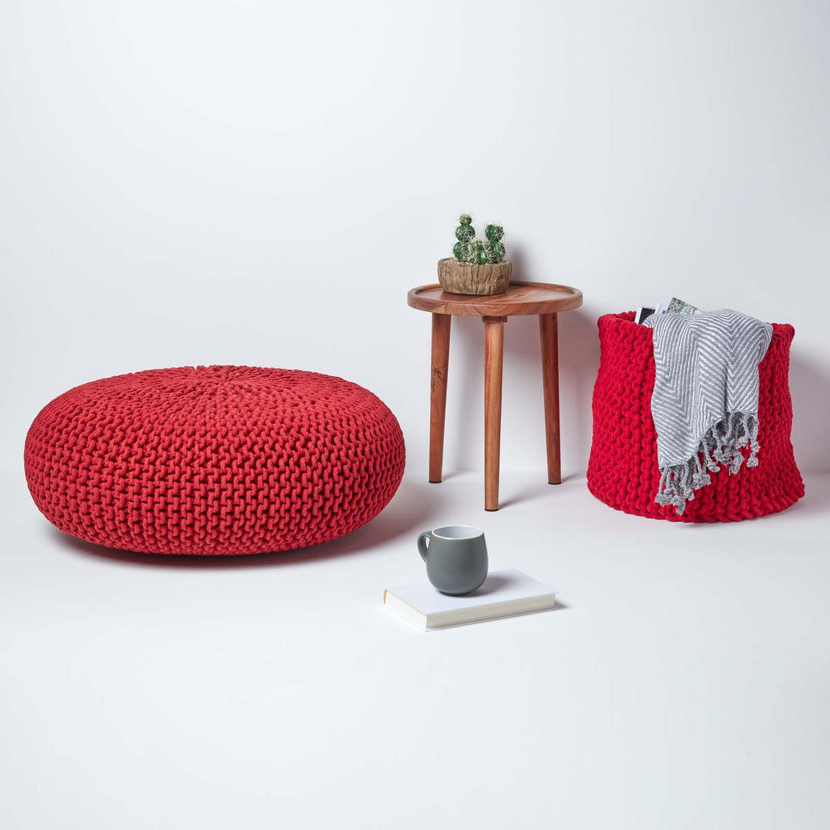 STRICK-POUF rot, Bodenkissen rund 70/70/23 cm - Rot, Textil (70/23/70cm) - Homescapes