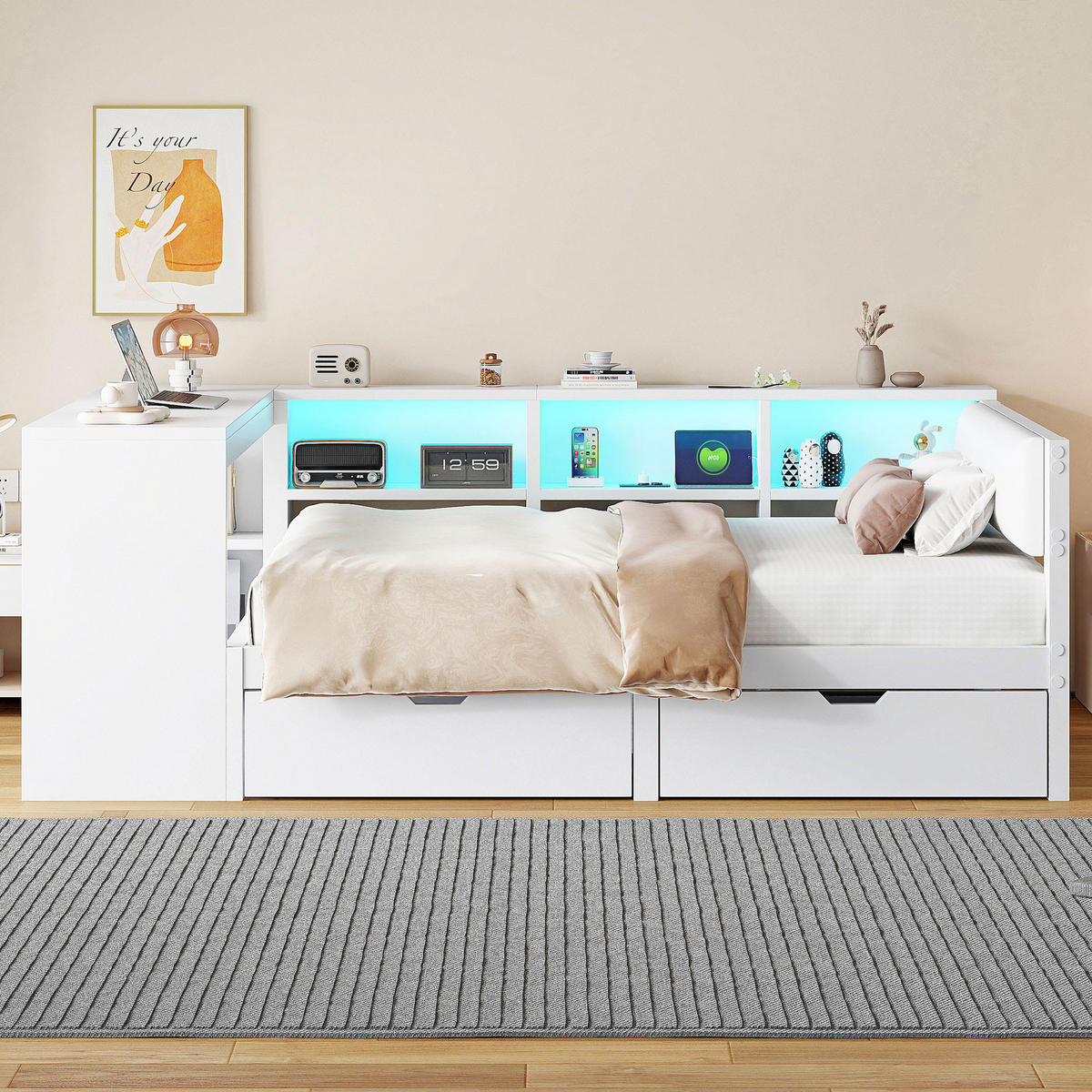 MULTIFUNKTIONSBETT 140/200 cm Weiß mit LED-Beleuchtung Ladestation Stauraum und gepolstertem Kopfteil - Weiß, Holzwerkstoff (140/200cm) - OKWISH