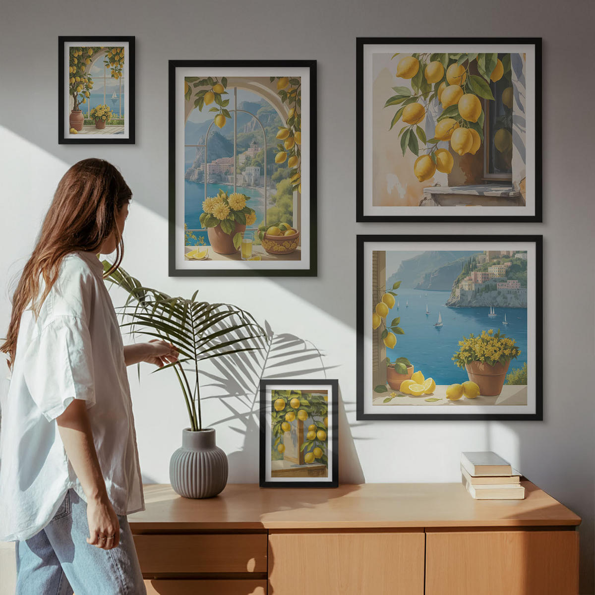BILDER SET 5er Set - 50x50 cm & 20x30 cm & 40x60 cm Schwarzer Rahmen - Meerblick, italienische Zitronen - Schwarz, Kunststoff (40/60cm) - TULUP