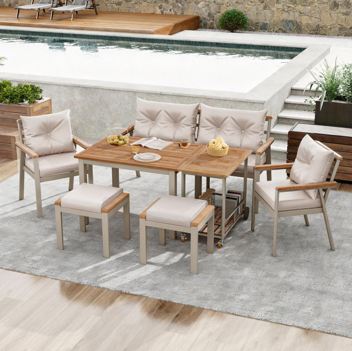 GARTENSET aus Akazienholz Beige/Natur mit Servierwagen, wasserabweisenden Kissen und Rollen - Beige, Metall - Modfu