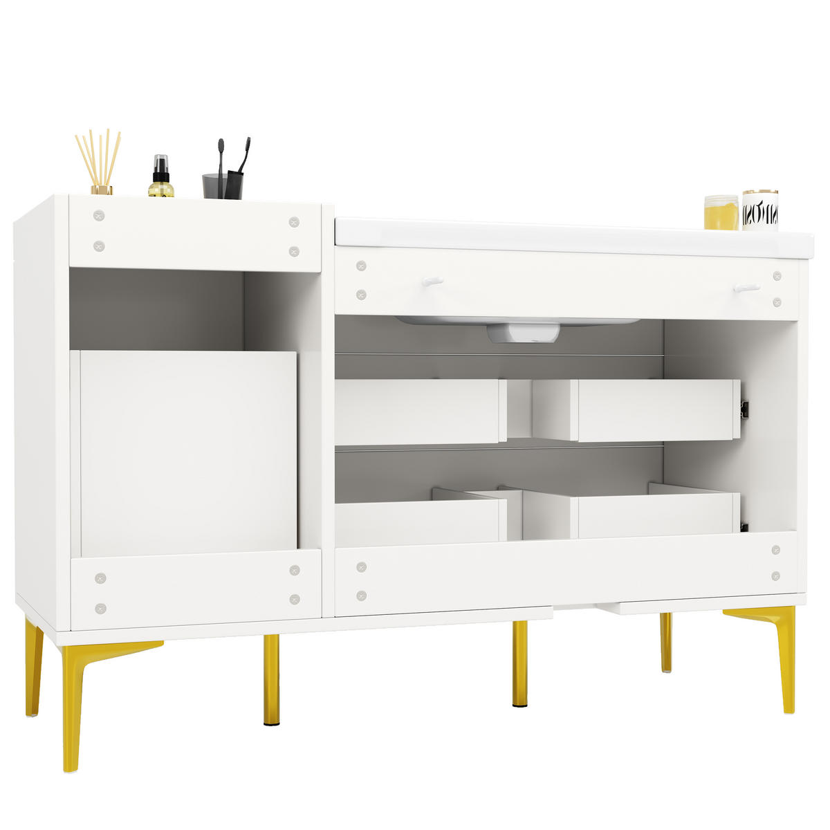 BADEZIMMERSCHRANK Weiß Gold Keramik Waschbecken Schubladen - Weiß, Holzwerkstoff (120/80/47.5cm) - FLIEKS