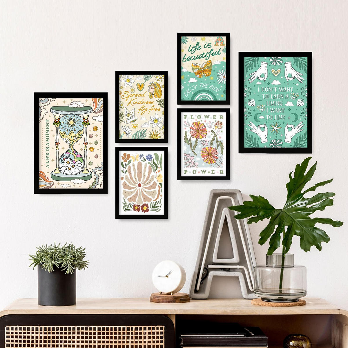 POSTER Set Mit 6 Drucken Von Live In Brilliant Groovy Style Postersammlung Dekorative Rahmen Für Ihr Zuhause Wandkunstdruck A3 & A4 Schwarzer Rahmen - Schwarz, Papier (29/3cm) - Nacnic