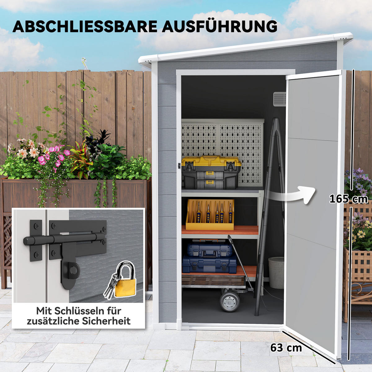 GERÄTEHAUS 1,54m³, Gartenhaus mit Pultdach, 122 x 149 x 192/177 cm Gartenschrank - Grau, Metall (149/192/122cm) - Outsunny