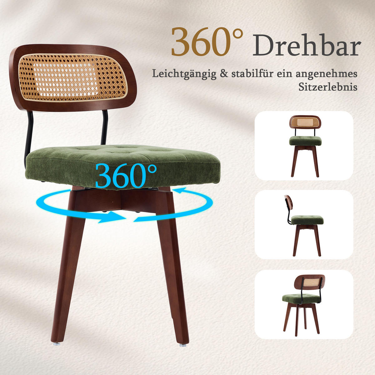ESSZIMMERSTUHL 2er Set 360° drehbar, Wiener Geflecht, Chenille, Massivholz, Grün - Walnussfarben/Grün, Holz/Textil (43/77/50cm) - LVHOM