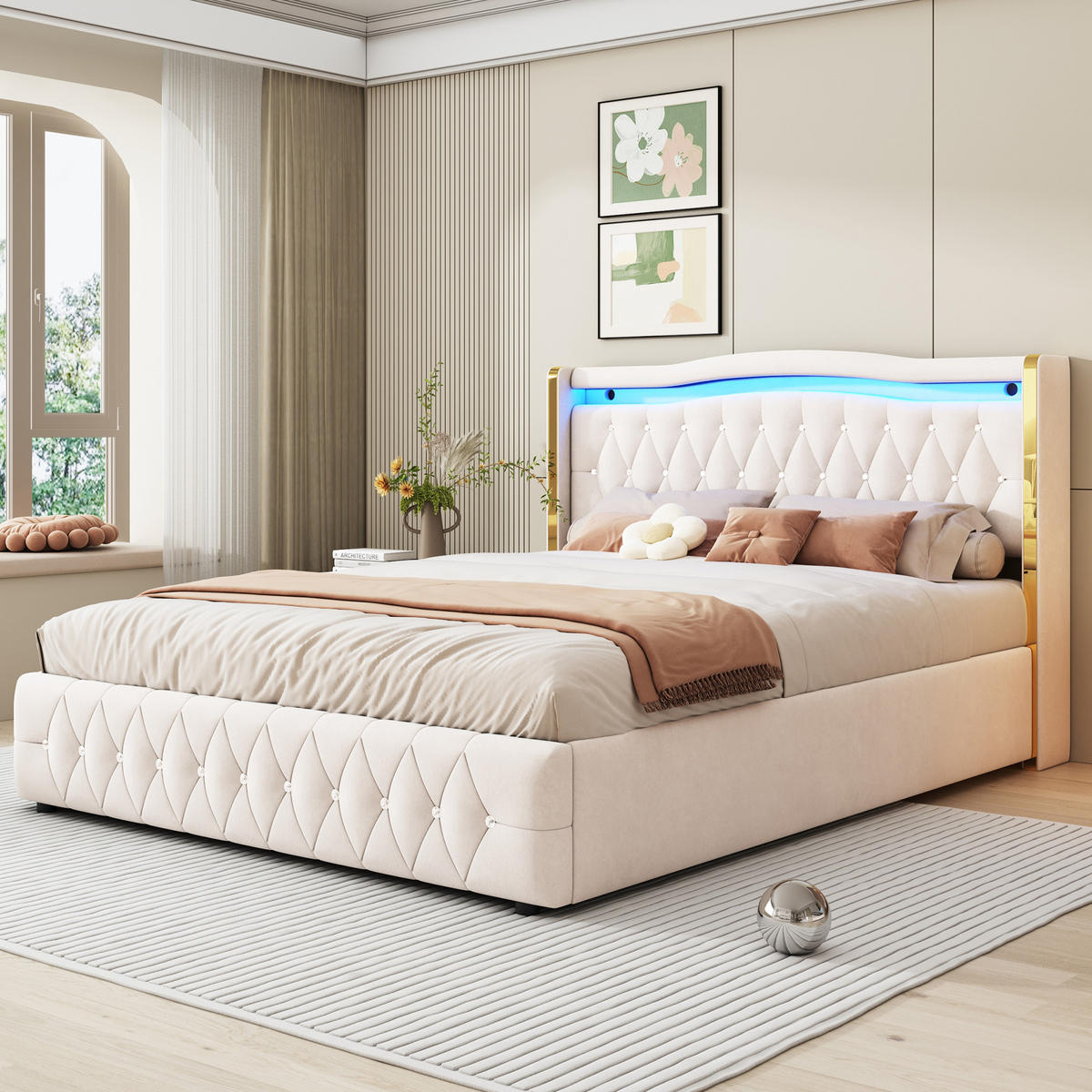 POLSTERBETT 160/200 cm beige mit LED-Beleuchtung und hydraulischem Stauraum - Beige, Textil (160/200cm) - OKWISH