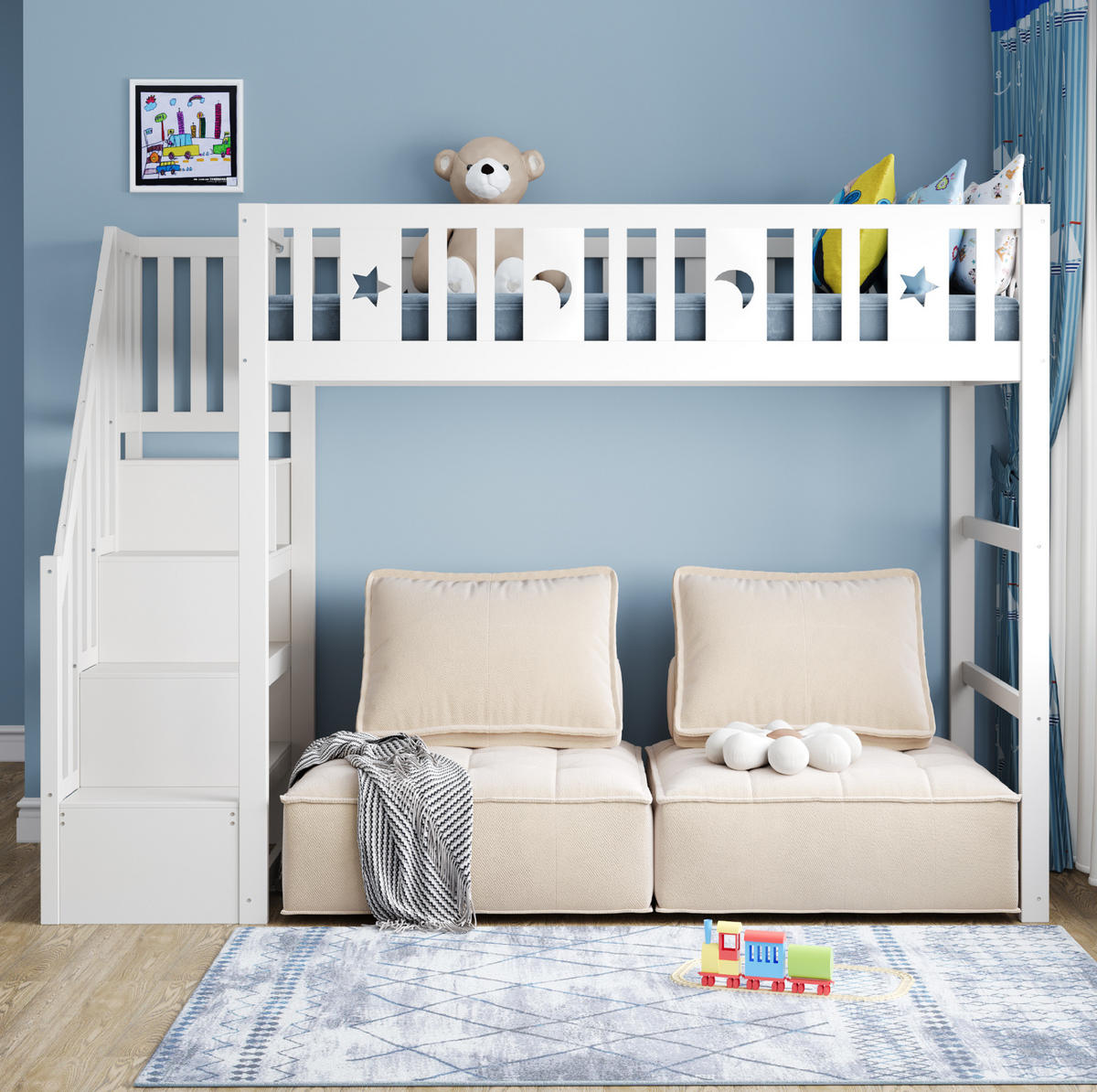 ETAGENBETT 90/200 cm Weiß aus Massivholz mit Treppe und Regal - Weiß, Holzwerkstoff (90/200cm) - OKWISH