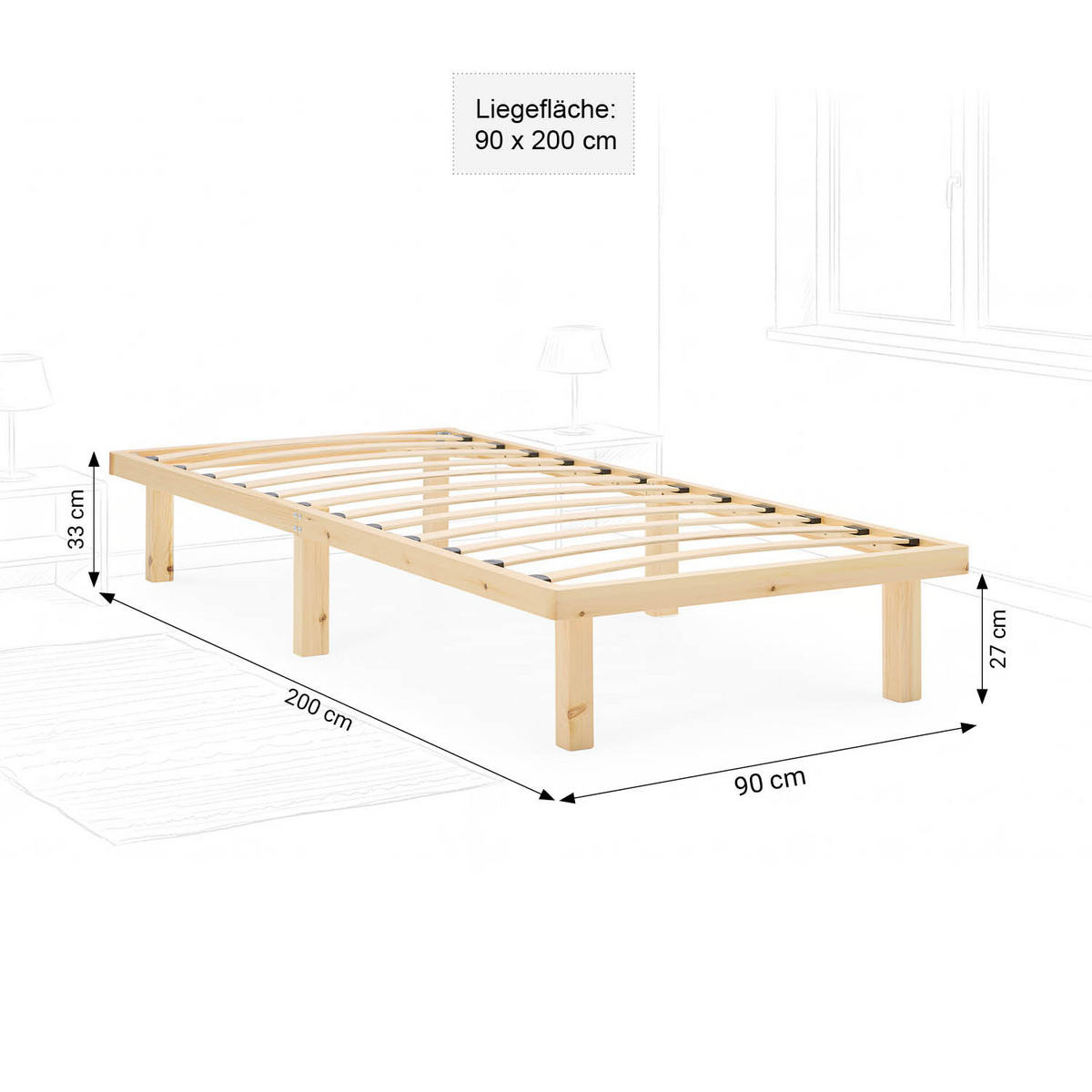 HOLZBETT 90/200 cm natur + Lattenrost - Naturfarben, Holz (90/200cm) - Homestyle4u