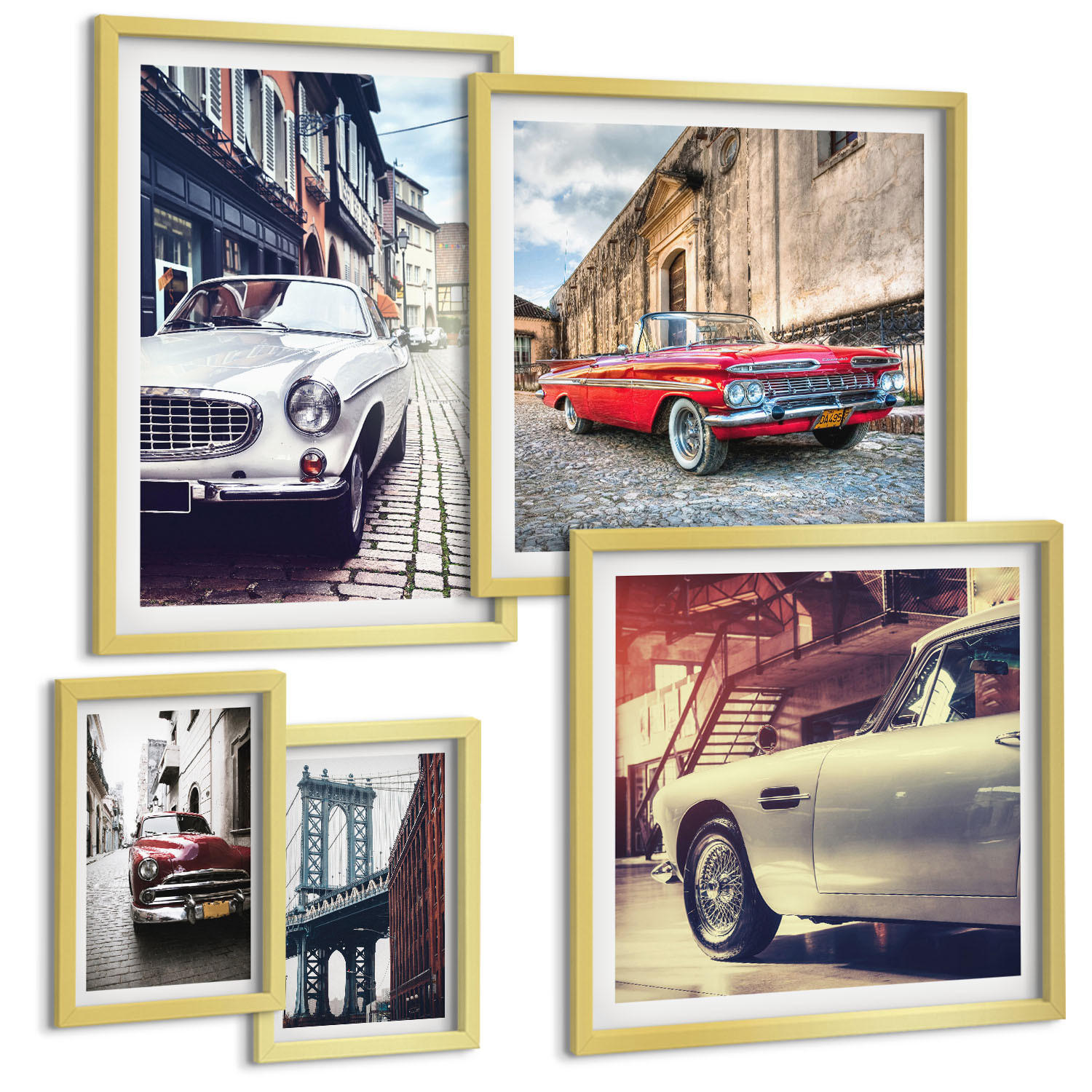 BILDER SET 5er Set - 50x50 cm & 20x30 cm & 40x60 cm Goldrahmen - Oldtimer in Städten - Goldfarben, Kunststoff (40/60cm) - TULUP