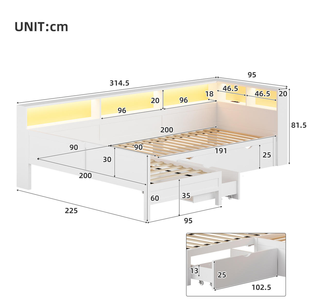 TAGESBETT 90/200 cm aus MDF und Sperrholz mit Ausziehbett, LED und Ladestation, Weiß - Weiß, Holzwerkstoff (90/200cm) - Redom