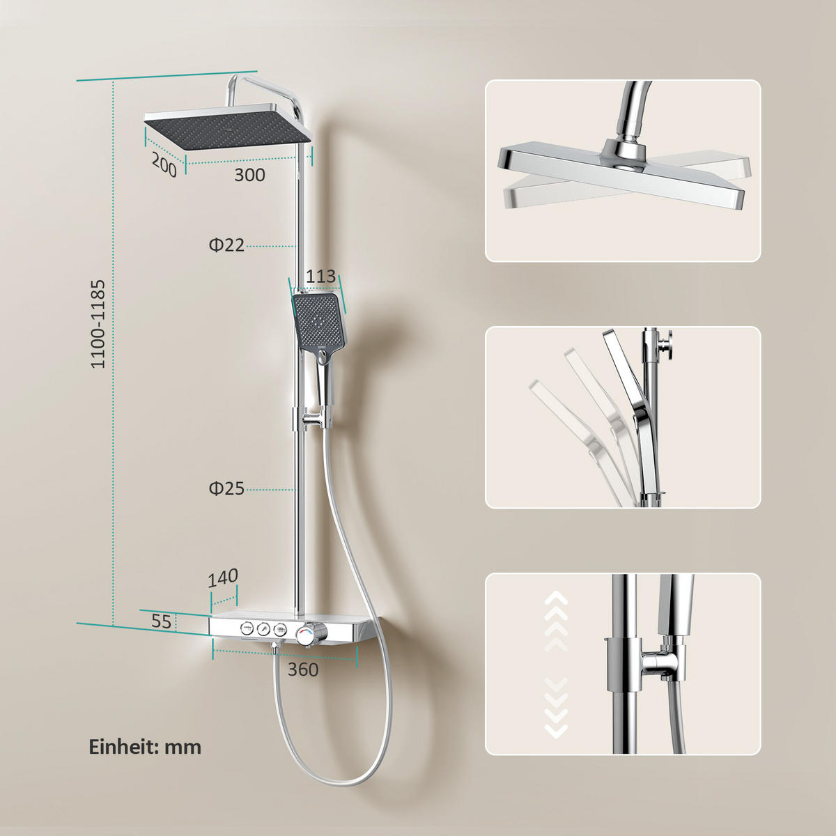 ÜBERKOPFBRAUSESET mit Thermostat Regendusche Chrom - Chromfarben, Metall (36/110/46cm) - EMKE
