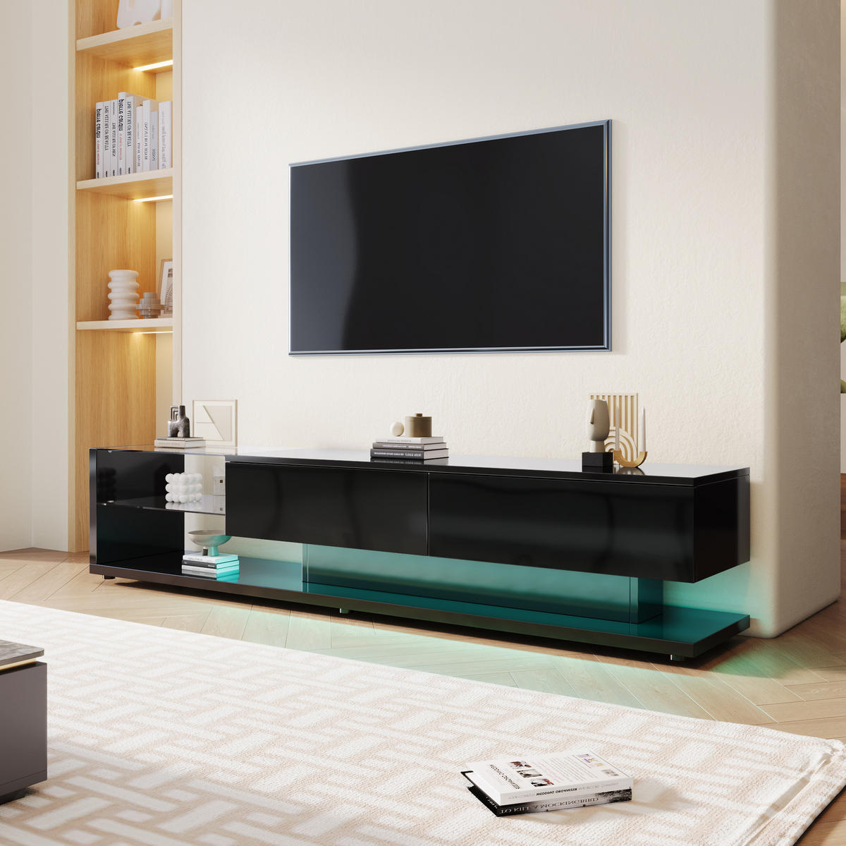 TV-ELEMENT mit LED und Glasregalen 170 cm Schwarz Hochglanz - Schwarz, Holzwerkstoff (36/38/170cm) - Beauniv