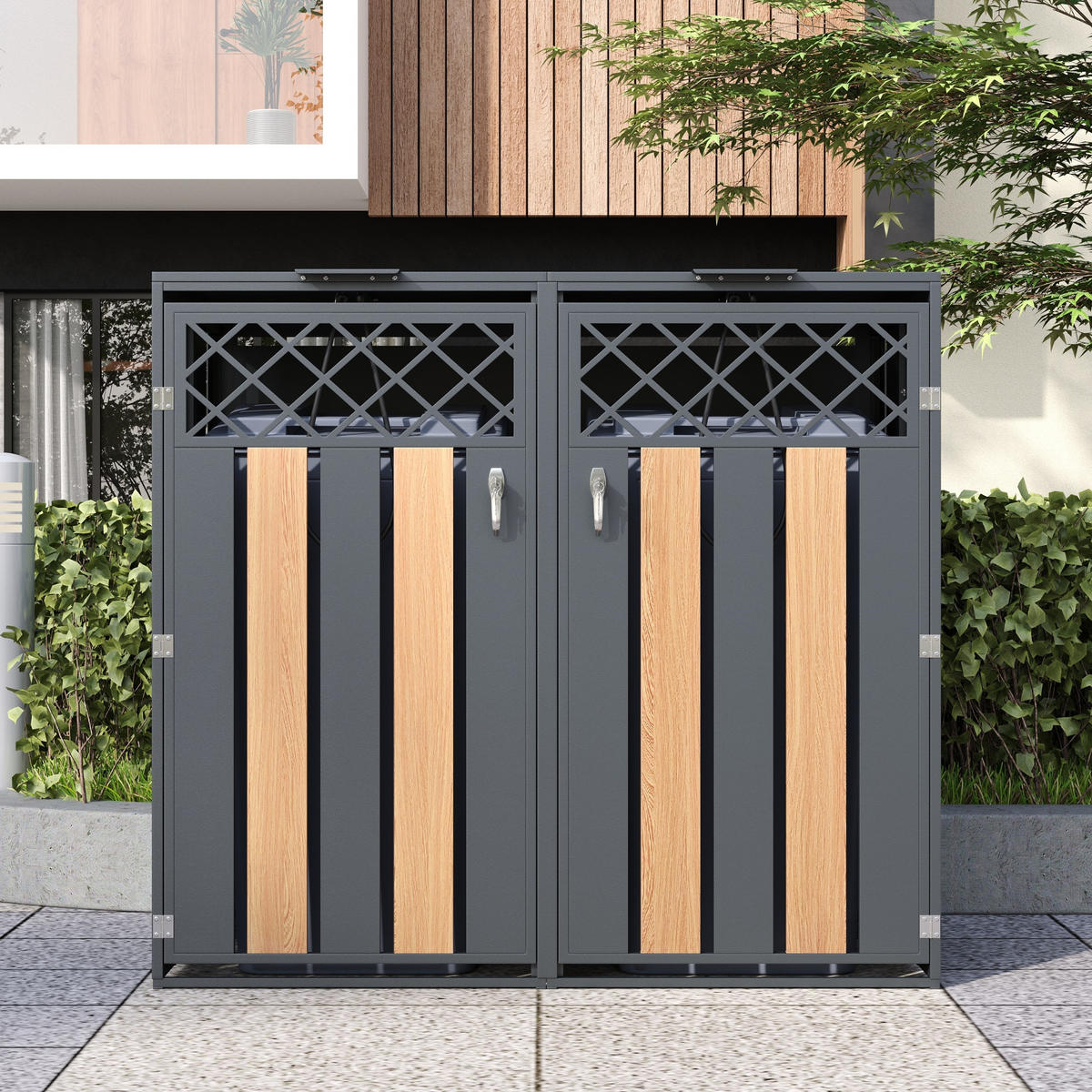 MÜLLTONNENBOX Klappdeckel 2 Türen Lüftung - Grau, Metall (132/118.5/80cm) - LEBENLANG