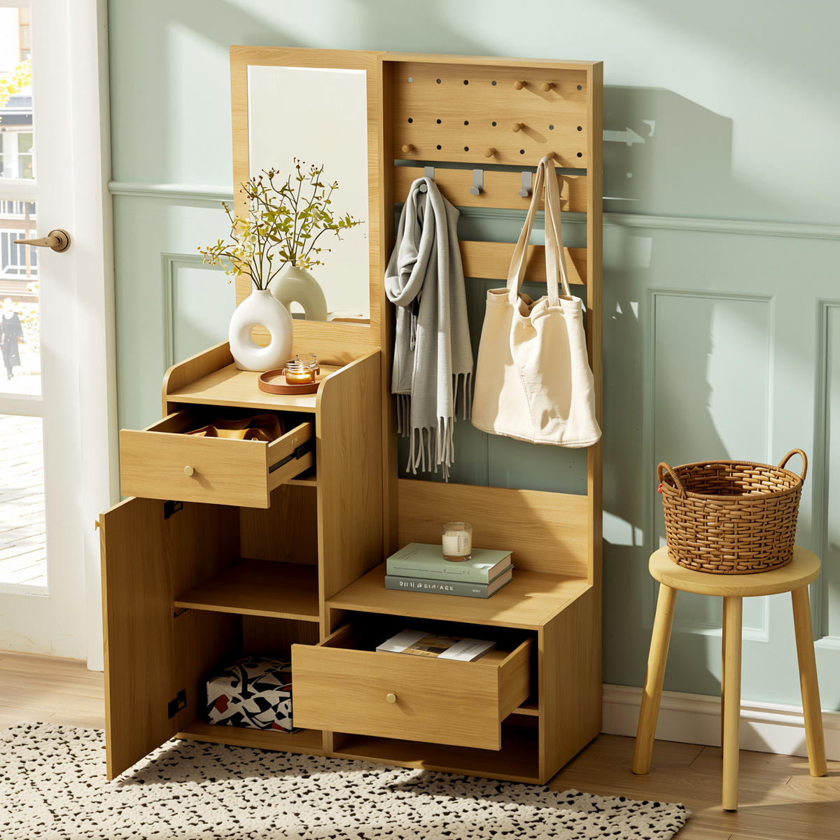 GARDEROBEN-SET 105 cm Holzoptik Natur – Kompaktgarderobe mit Spiegel, Schuhbank & flexiblem Hakenboard - Naturfarben, Holzwerkstoff (105/180/38cm) - Urban Meuble