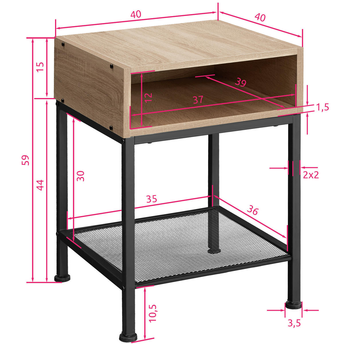 NACHTSCHRANK Harlow,40,5 x 40,5 x 59 cm,Industrial Holz hell, Eiche Sonoma - Naturfarben, Holzwerkstoff (40.5/59/40.5cm) - tectake