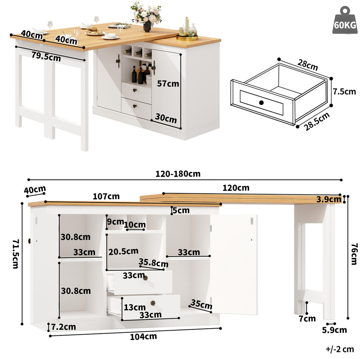 BAROVÝ stůl 120-180/40/76 cm výsuvný, otočný o 360° s úložným prostorem, MDF, Přírodní/Bílá - přírodní, kompozitní dřevo (40/180/76cm) - Redom