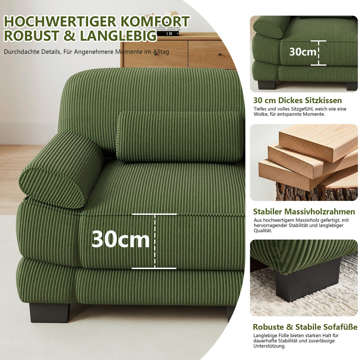 ECKSOFA L-Form 3-Sitzer mit Hocker, DE-42659, Grün - Grün, Holz (265/161cm) - ComfortXL