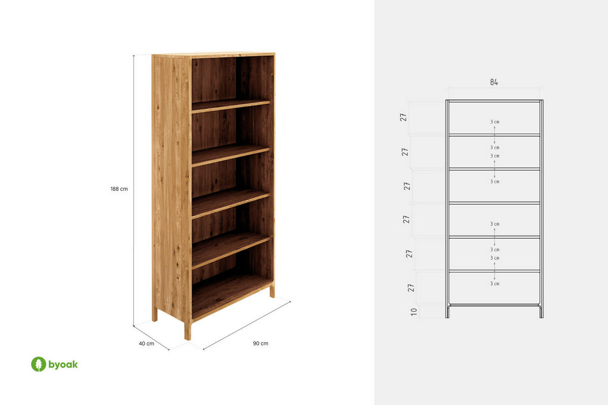 REGAL PAUL - Wildeiche, Holz (90/188/40cm) - byoak