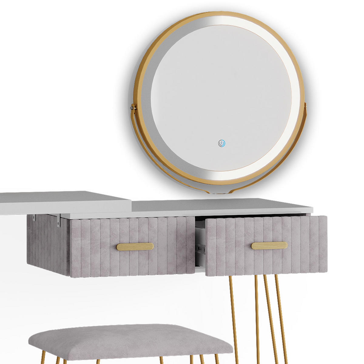 SCHMINKTISCH Zoey Grau 120 cm mit LED Beleuchtung und Hocker - Grau, Holzwerkstoff (120/76/37cm) - Vicco