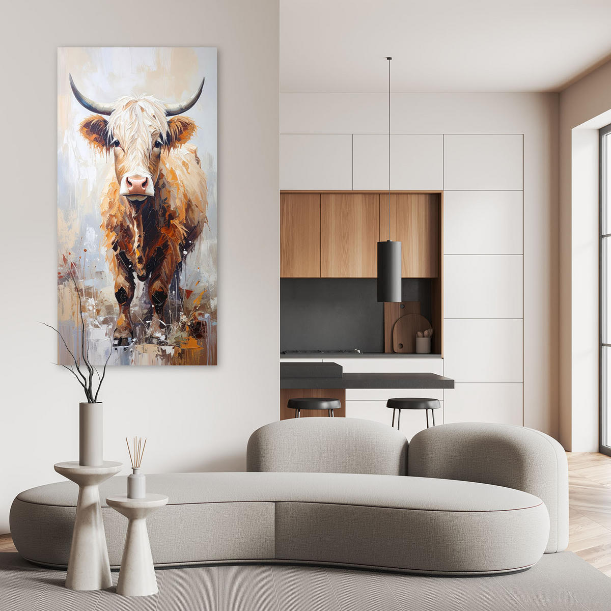 LEINWANDBILD Schottische Kuh Tiere Natur 40x80cm - Grau, Textil (40/80cm) - Feeby