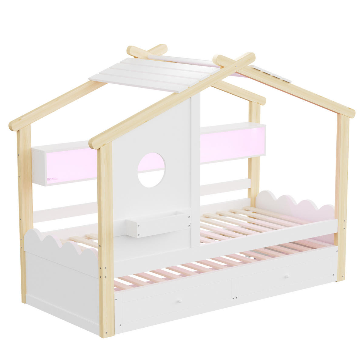 KINDERBETT 90/200 cm & 90/190 cm in Weiß & Natur mit 2 Schubladen, LED und USB - Weiß/Naturfarben, Holz/Holzwerkstoff (90/200cm) - WISHDOR