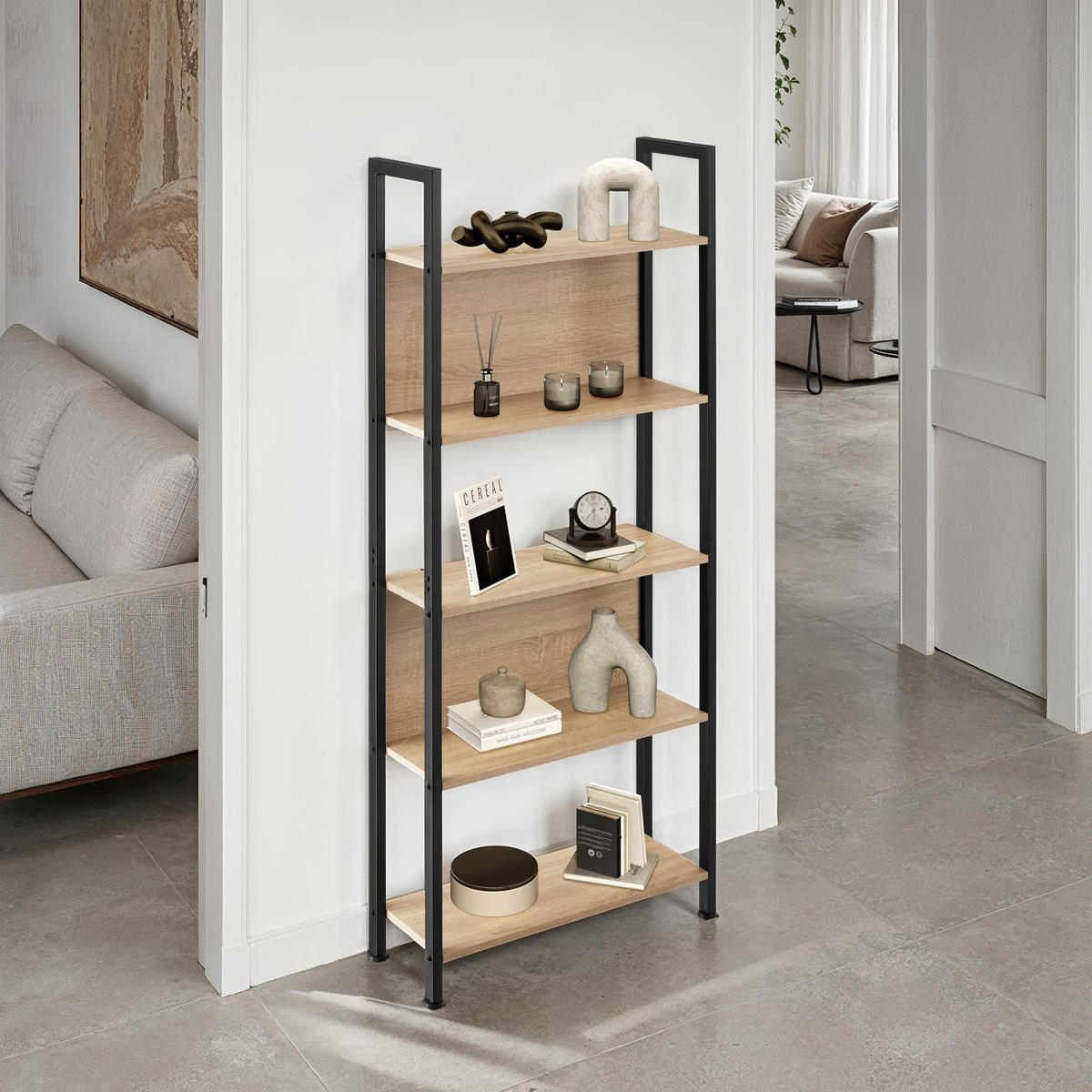 REGAL Westport,inklusive Kippschutz, 62 x 24 x 165,5 cm,Industrial Holz hell, Eiche Sonoma - Naturfarben, Holzwerkstoff (24/165.5/62cm) - tectake