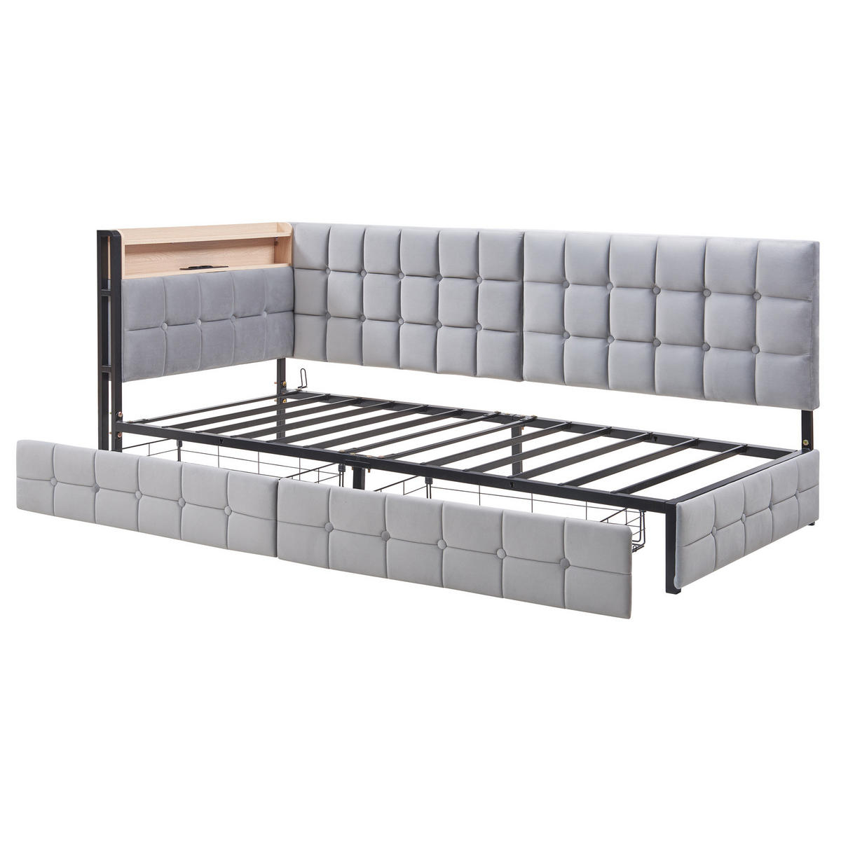 ČALÚNENÉ posteľné sofa z látky 90x200 cm sivé s LED osvetlením, USB, Type-C a 2 zásuvkami - sivá, textil (90/200cm) - Modfu
