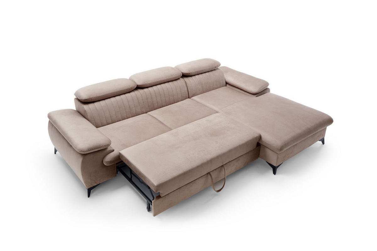 ECKSOFA FIORE Braun Velours-Stoff mit Schlaffunktion - Braun, Holz (280/193cm) - MASSENO