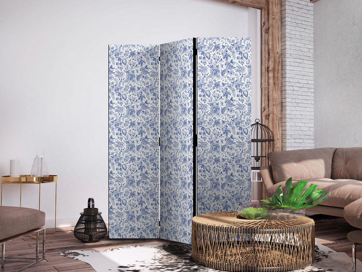 PARAVENT Einseitig Bedruckter 3-tlg 135x172 cm Blaue Blumen - Blau, Holz/Textil (135/172/3cm) - Muralo