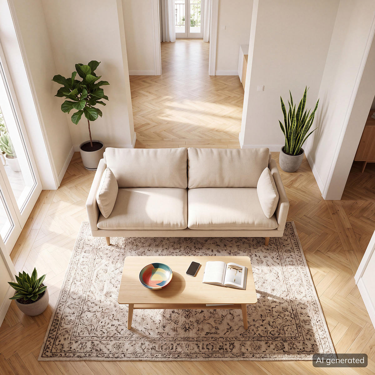 3-SITZER SOFA - Webstoff - Beige/Buchefarben, Holz/Buchenholz (200/83/153cm) - home24