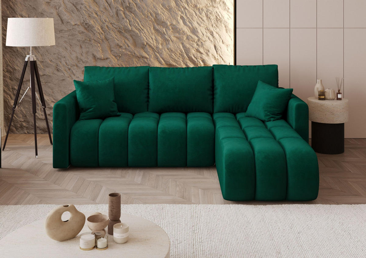 ROHOVÁ pohovka GARDA pravá zelená samet Monolith 37 - funkce spaní, úložný prostor - zelená barva, textil (230/149cm) - Cornero