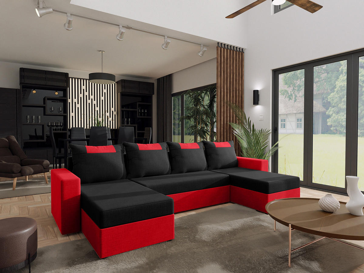 WOHNLANDSCHAFT mit Schlaffunktion Radlach, Schwarz+Rot - Schwarz, Textil (298/85/207cm) - Fedve