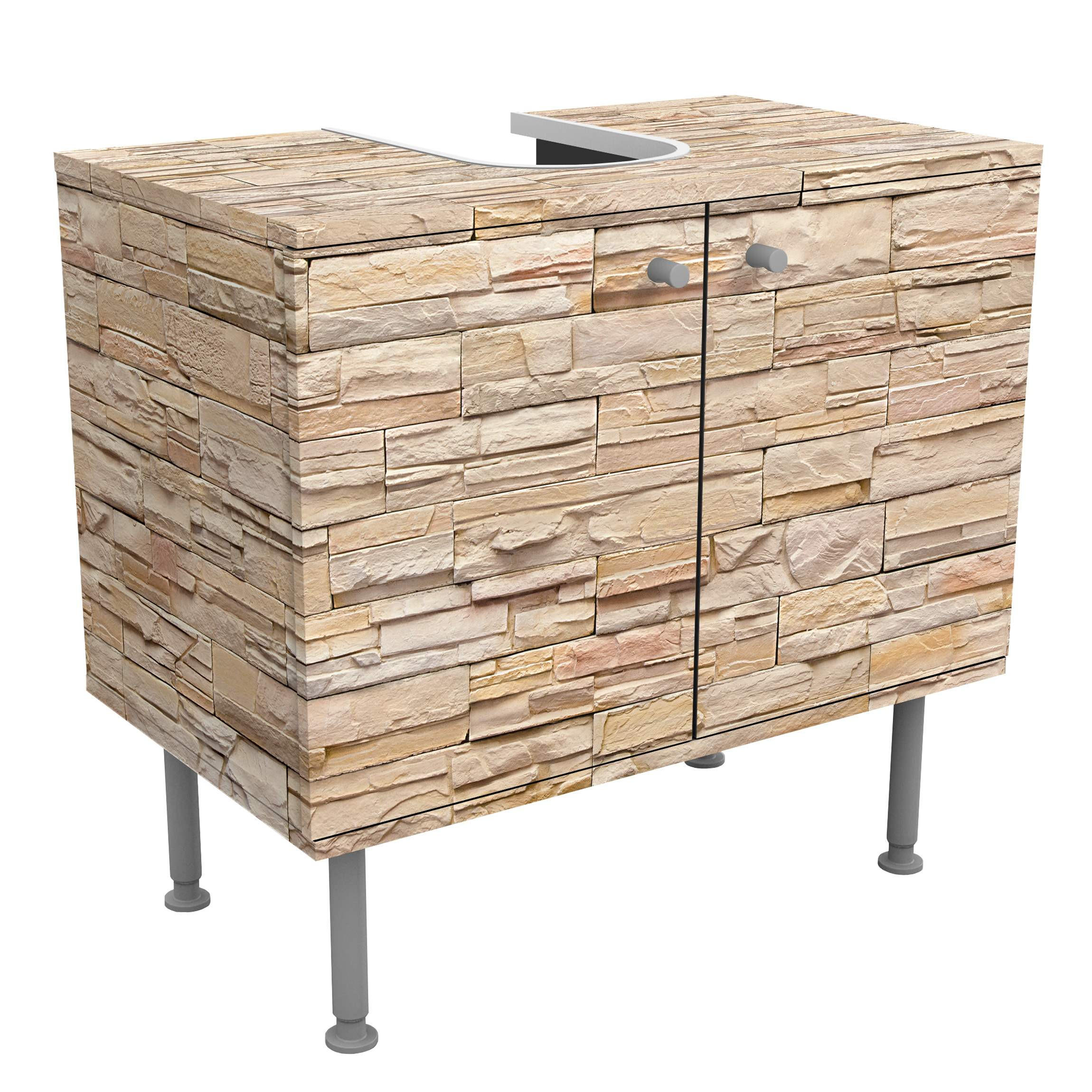WASCHBECKENUNTERSCHRANK Asian Stonewall - Große helle Steinmauer aus wohnlichen Steinen 60/55/35 cm - Braun, Holzwerkstoff (60/55/35cm) - Bilderwelten