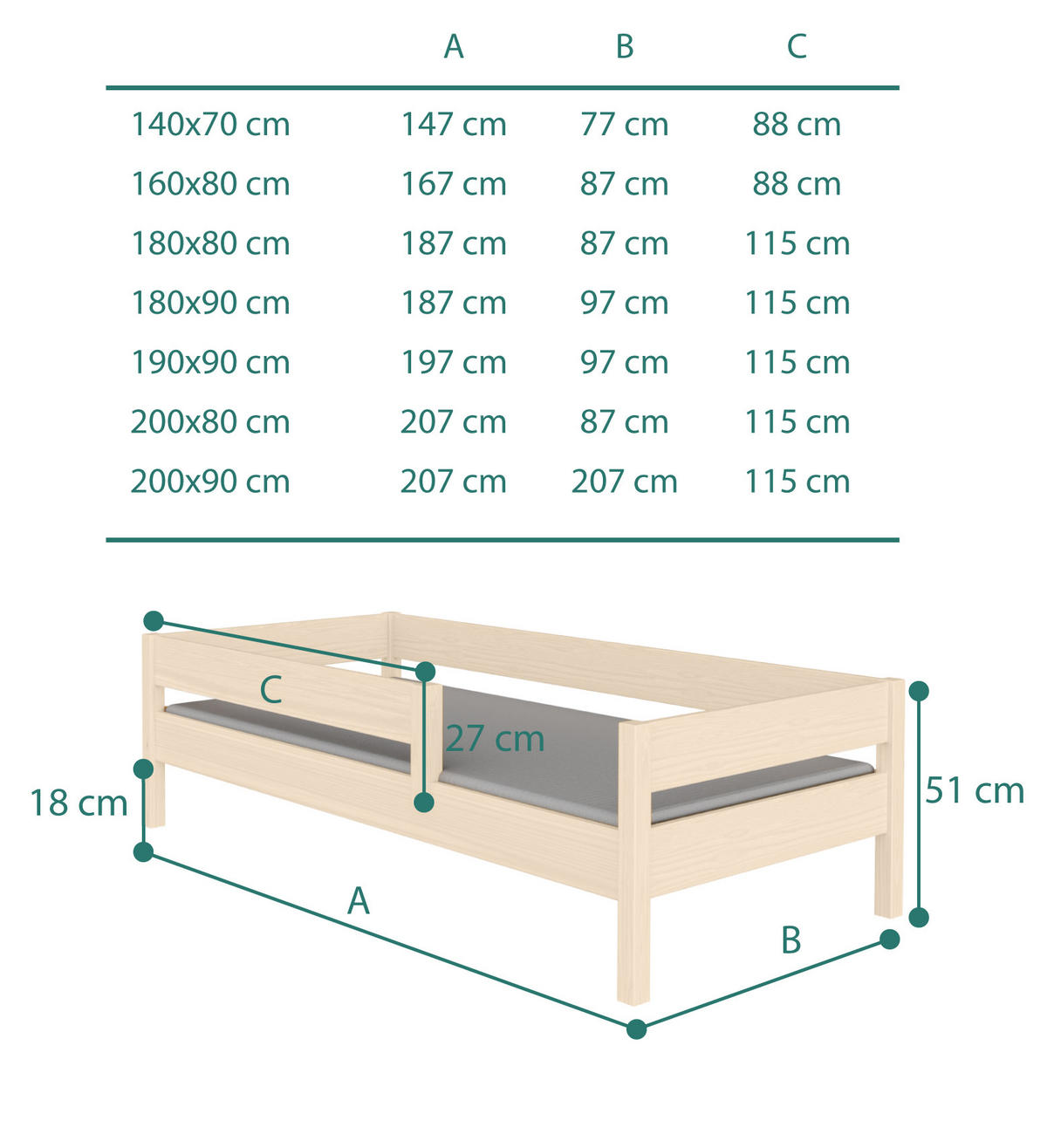KINDERBETT Mix 200x80 naturbelassen mit Matratze - Naturfarben, Holzwerkstoff (80/200cm) - LUKDOM