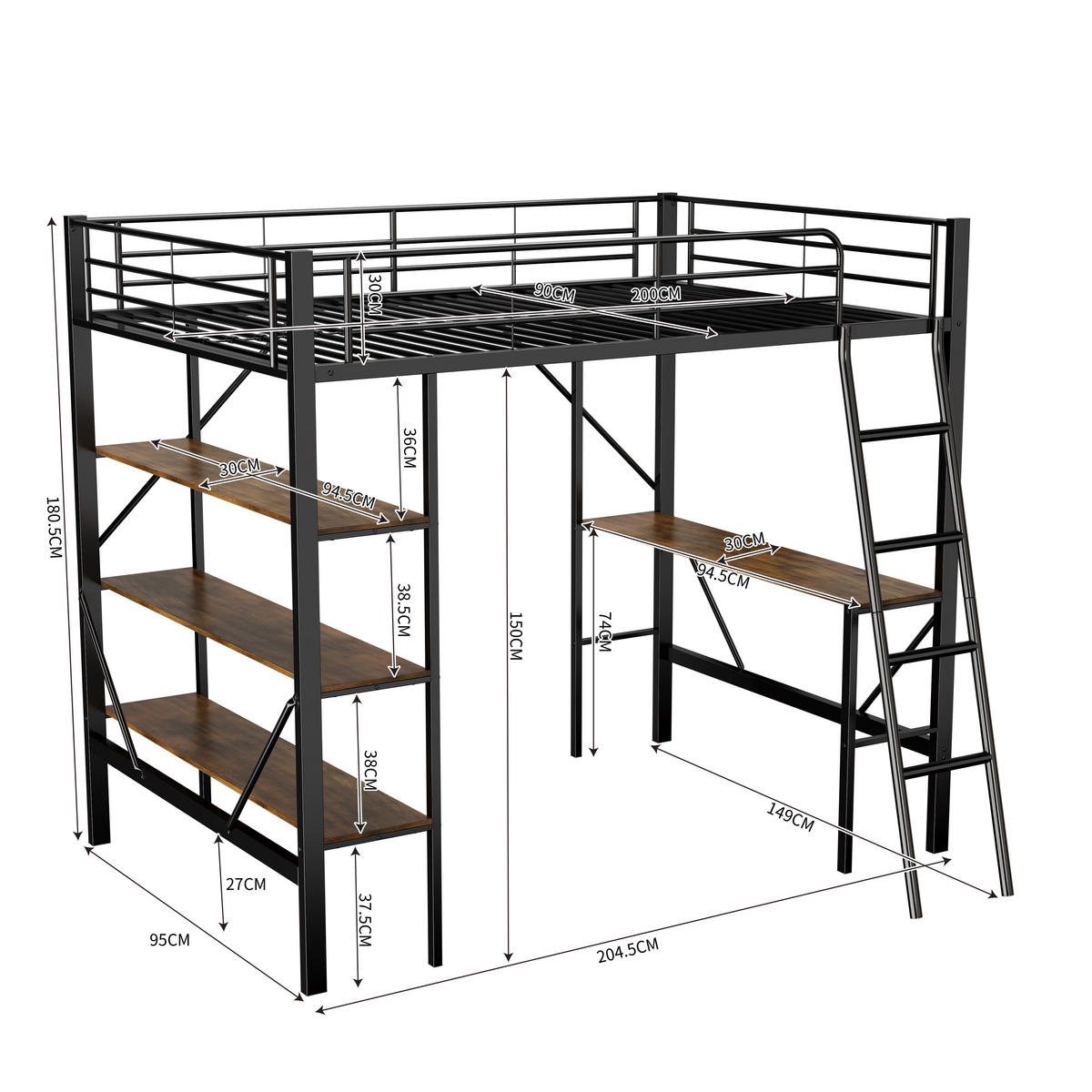 HOCHBETT Schwarz 204,5/149/180,5 cm - Schwarz, Holzwerkstoff/Metall - Urban Meuble