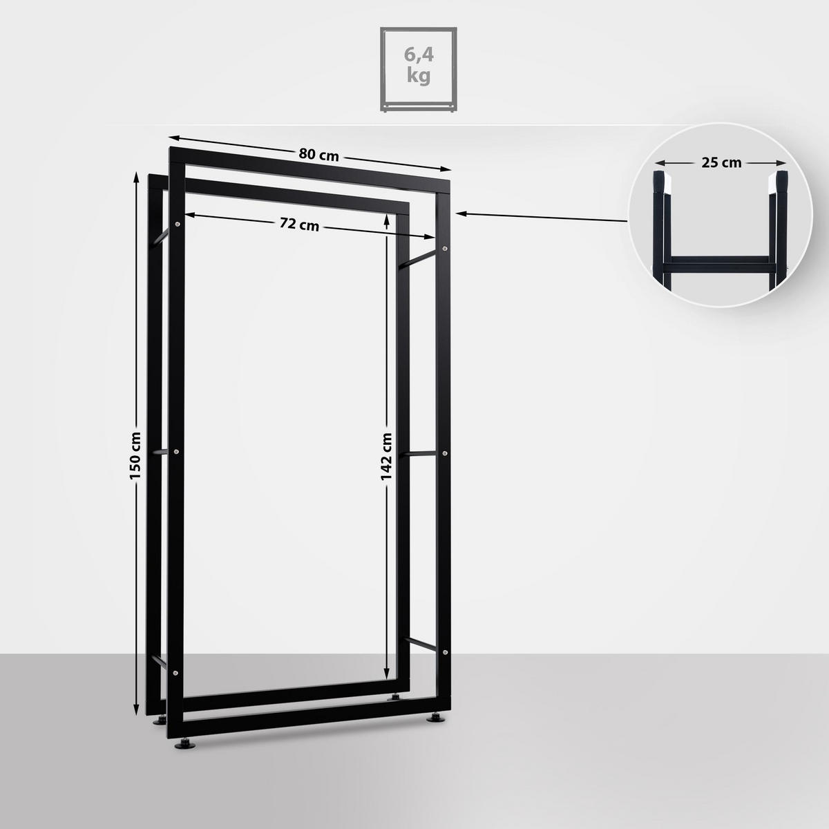 KAMINHOLZREGAL 80/25/150 cm Metall Schwarz - Schwarz, Metall (80/150/25cm) - CLP