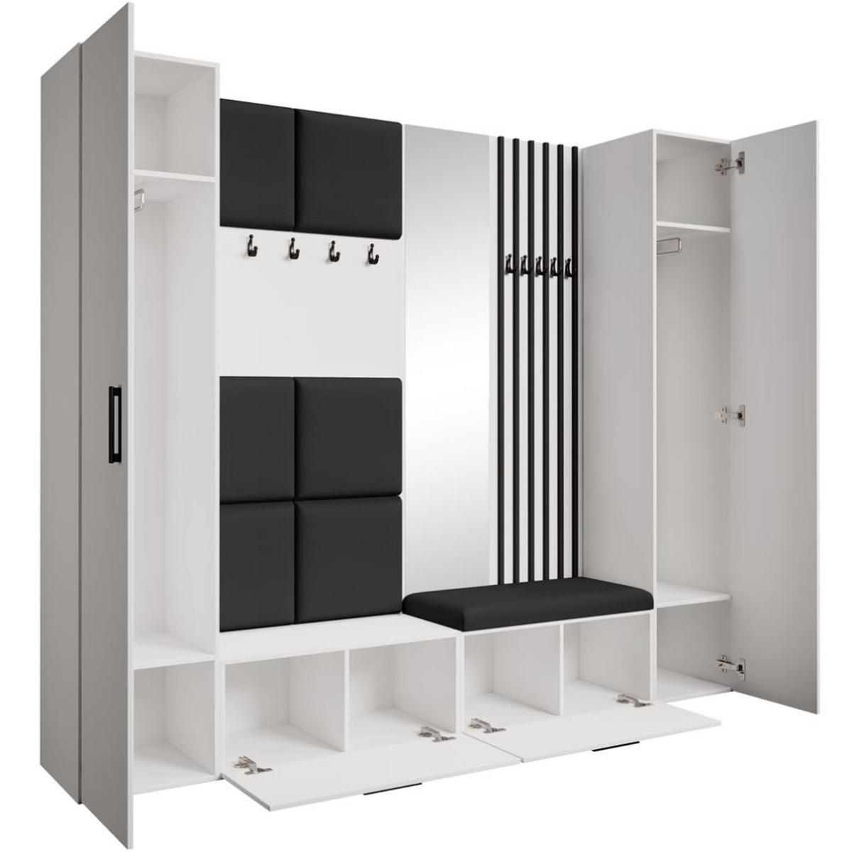 GARDEROBE Margaret XL 242/203/43 mit gepolsterten Paneelen/Lamellen/Spiegel - Schwarz/Weiß, Holzwerkstoff/Kunststoff (242/203/43cm) - Beautysofa