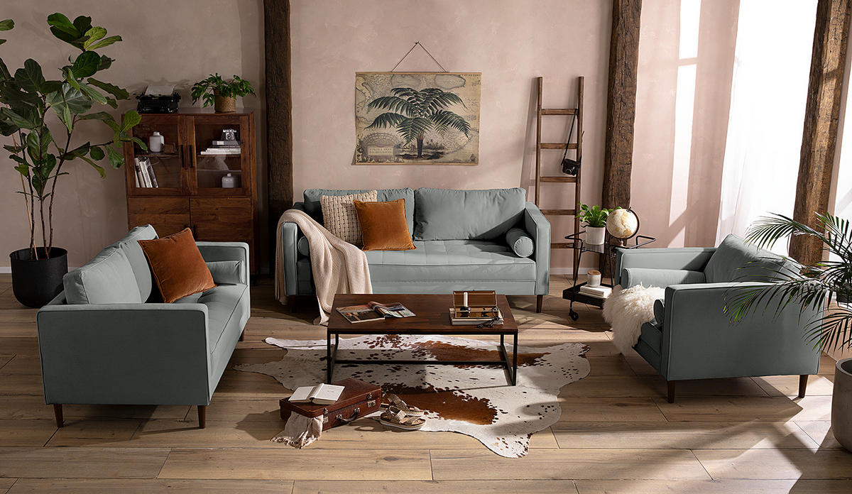 2-SITZER SOFA - Samt - Grau, Textil (150/80/86cm) - home24