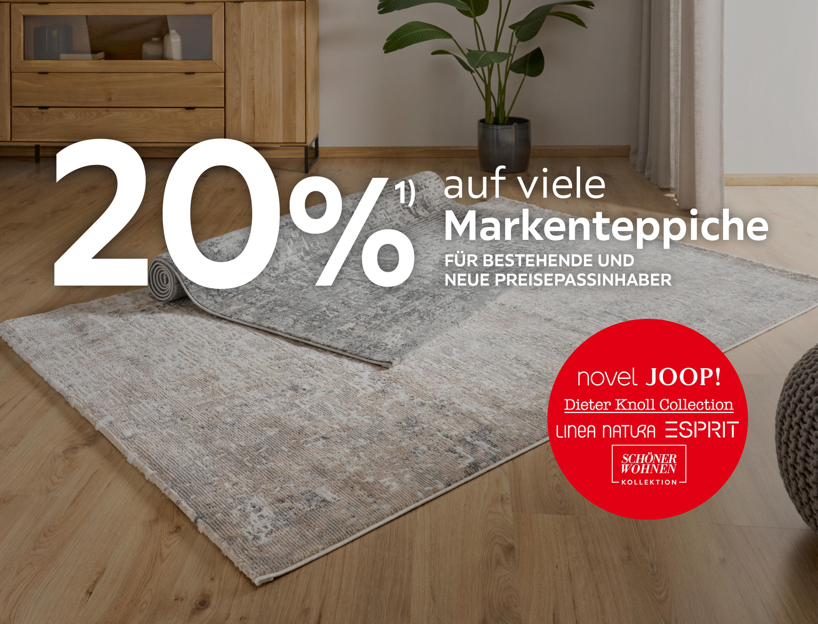 20% auf viele Markenteppiche; Für bestehende und neue Preisepassinhaber; Novel, JOOP!, Dieter Knoll Kollektion; Linea Natura; ESPRIT, Schöner Wohnen