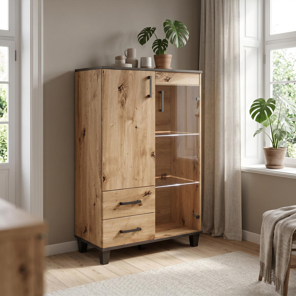 KOMMODE CORTEZA 80/132/40cm mit 2 Schubladen 2 Türen Eiche Artisan - Eiche Artisan, Holzwerkstoff (80/132/40cm) - MASSENO