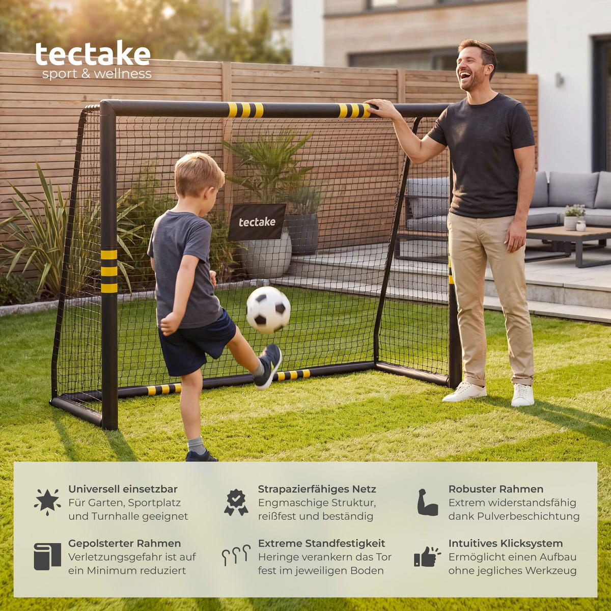 FUSSBALLTOR Harry, werkzeugloses Klicksystem , schwarz/gelb - Gelb/Schwarz, Kunststoff (244/86cm) - tectake