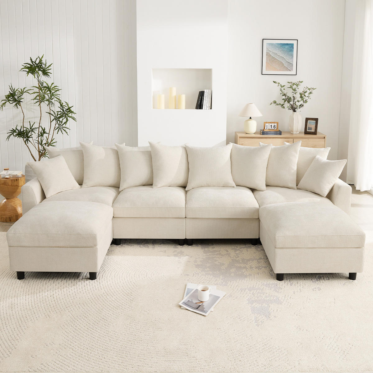 ECKSOFA Modular, Beige, Waffel-Chenille, 6-Sitzer, 2 Hocker - Beige, Textil (153.5/283cm)