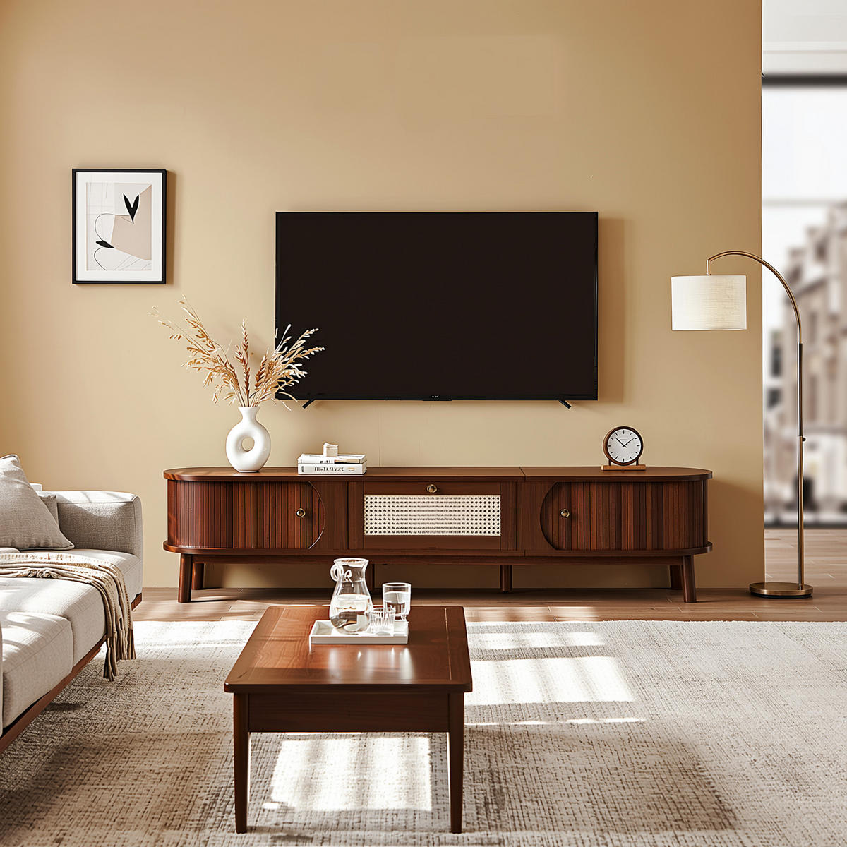 TV-SCHRANK Walnussoptik Rattan mit Schublade & Türen - Naturfarben, Holzwerkstoff (170/38/39.5cm) - Urban Meuble