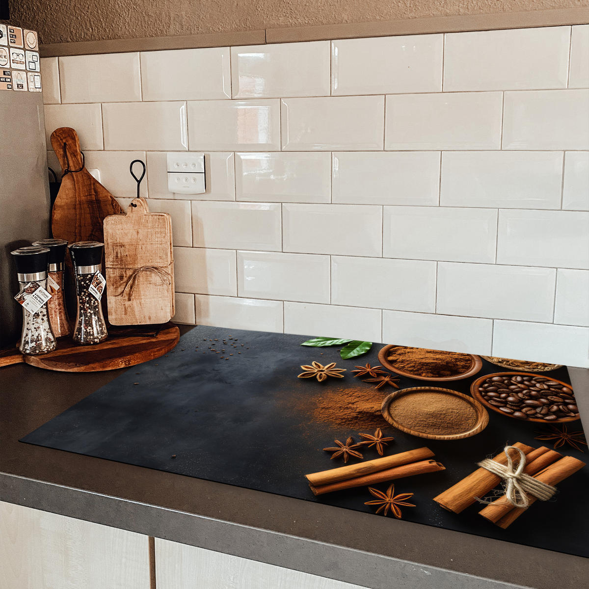 HERDABDECKPLATTE Zimt - Beton - Kaffee - Zimtstangen - Gewürze Induktionsschutz 81.6x52.7 cm - Mokka, Kunststoff (81.6/52.7/0.2cm) - MuchoWow